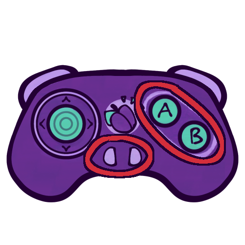 A drawing of a video game controller, with its “A”, “B”, and (presumably) “start” and “select” face buttons circled in red. The controller doesn’t look like any specific existing brand, but generally looks closer to a “classic” style, or pre-fourth console generation controller. It is mostly a slightly dark purple, with lavender and teal accents. It has an analog stick on the left, a logo of a plum and two small, semi-circle shaped buttons in the middle, and circular “A” and “B” buttons on the right, as well as two visible shoulder buttons, one on each side. The controller has short “thighs” or handles for ergonomics on either side.